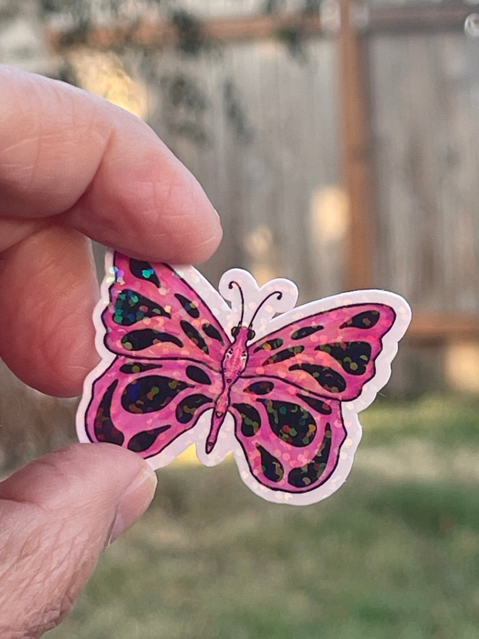 Pink Glittery Iridescent Butterfly Die Cut Sticker - Small Iridescent Pink Butterfly Vinyl Sticker - Color Crumbs Club