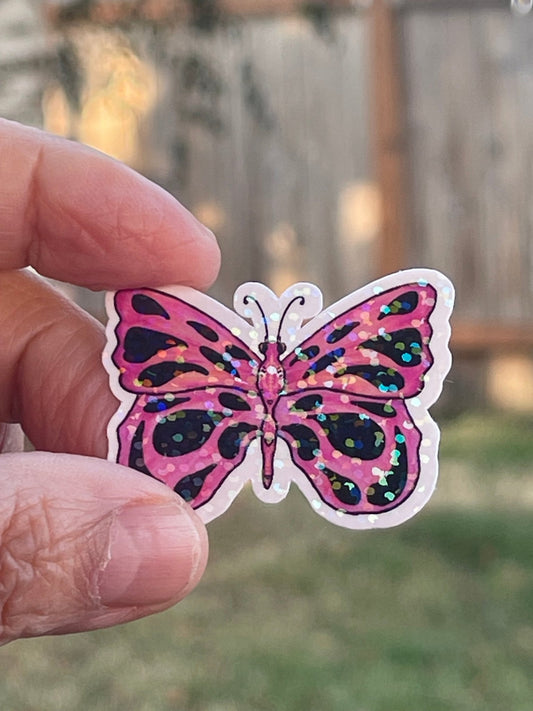 Pink Glittery Iridescent Butterfly Die Cut Sticker - Small Iridescent Pink Butterfly Vinyl Sticker - Color Crumbs Club