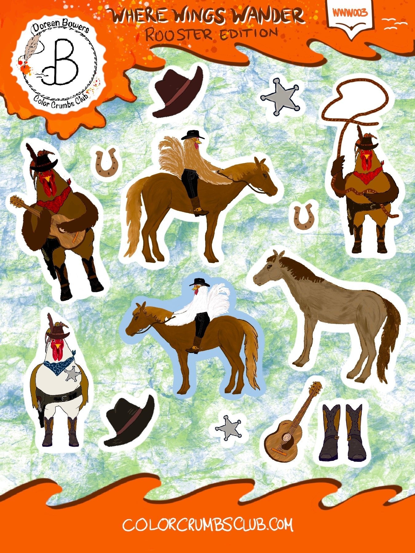 Rooster Cowboy Sticker Sheet | Where Wings Wander Rooster Sticker Sheet Collection - Color Crumbs Club
