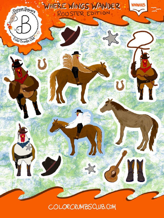 Rooster Cowboy Sticker Sheet | Where Wings Wander Rooster Sticker Sheet Collection - Color Crumbs Club