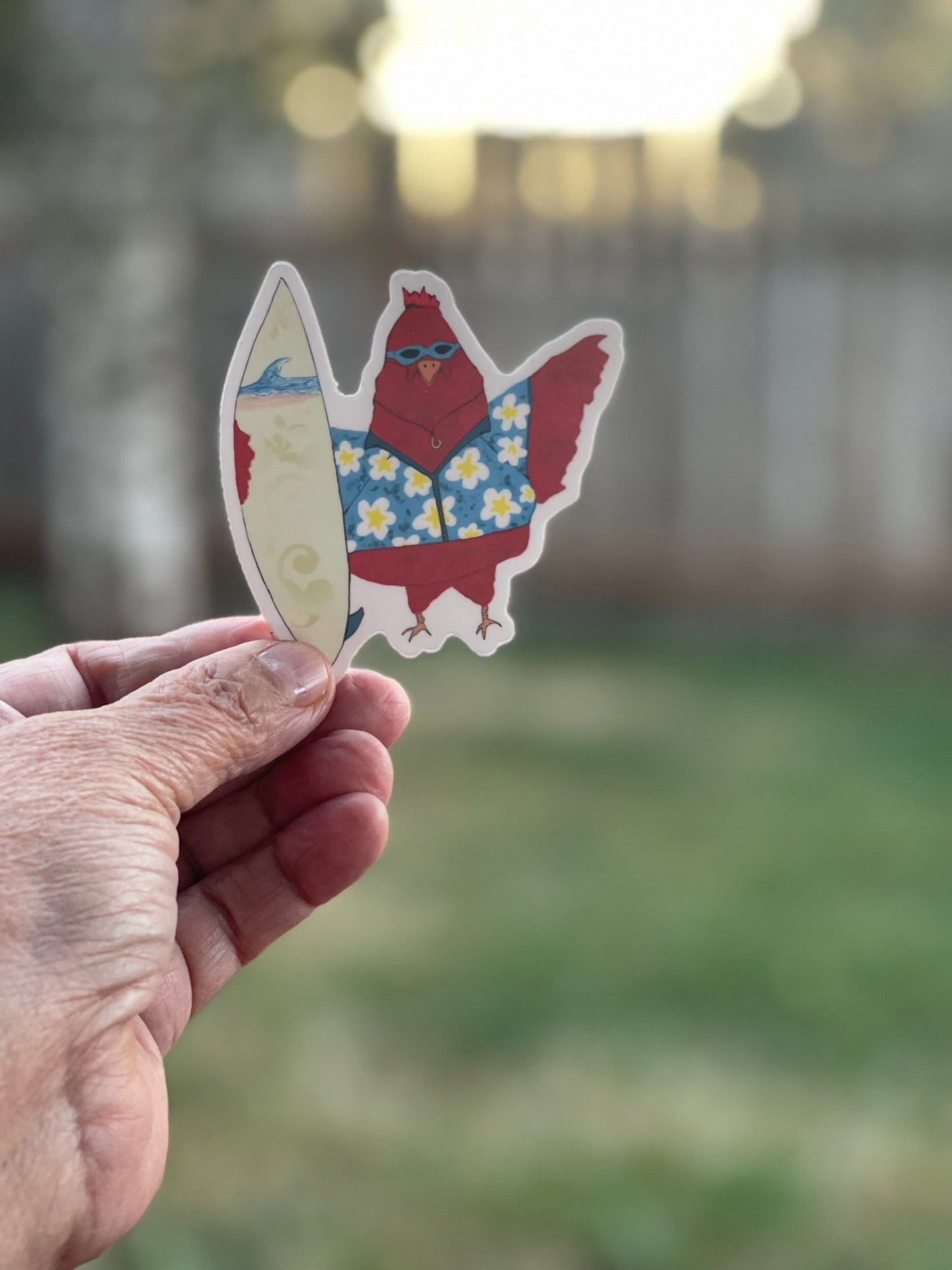 Rooster Surfer Die Cut Sticker - Surf’s Up Chicken Sticker – Hawaiian Shirt Rooster with Surfboard - Color Crumbs Club
