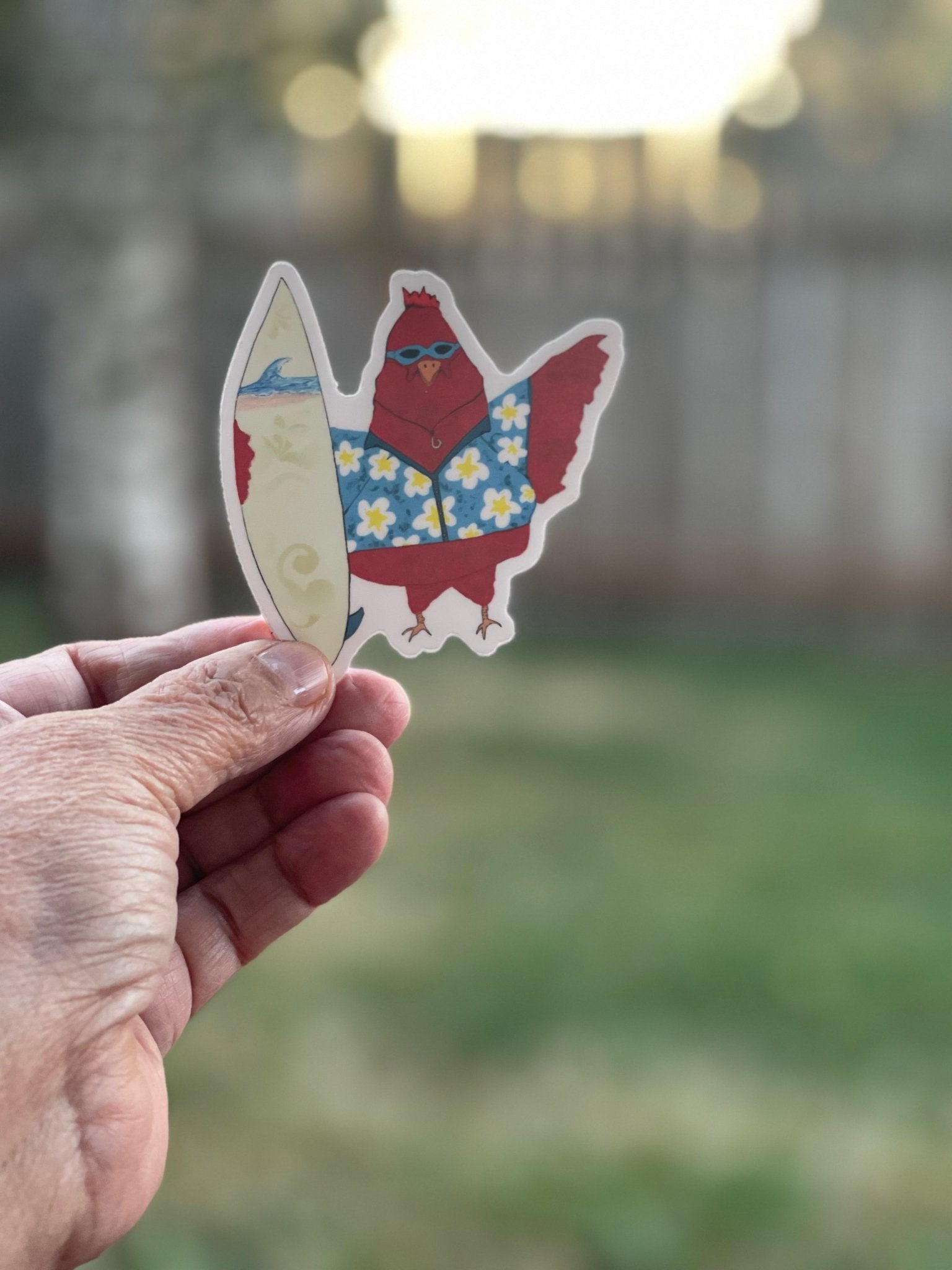 Rooster Surfer Die Cut Sticker - Surf’s Up Chicken Sticker – Hawaiian Shirt Rooster with Surfboard - Color Crumbs Club
