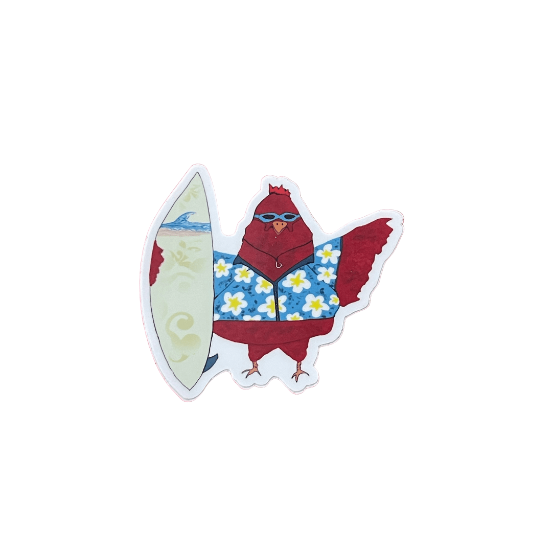 Rooster Surfer Die Cut Sticker - Surf’s Up Chicken Sticker – Hawaiian Shirt Rooster with Surfboard - Color Crumbs Club