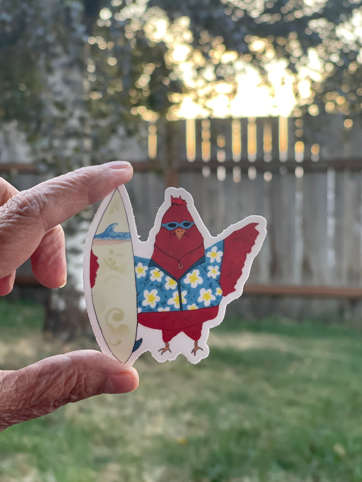 Rooster Surfer Die Cut Sticker - Surf’s Up Chicken Sticker – Hawaiian Shirt Rooster with Surfboard - Color Crumbs Club