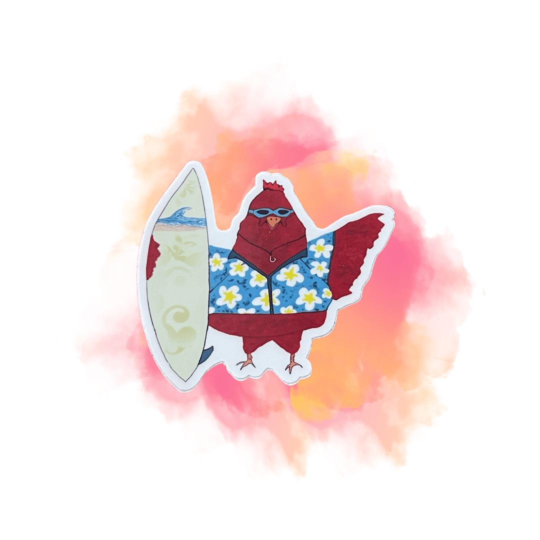 Rooster Surfer Die Cut Sticker - Surf’s Up Chicken Sticker – Hawaiian Shirt Rooster with Surfboard - Color Crumbs Club
