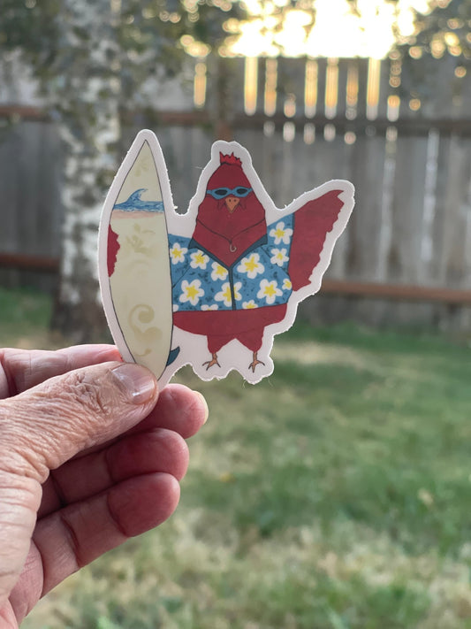 Rooster Surfer Die Cut Sticker - Surf’s Up Chicken Sticker – Hawaiian Shirt Rooster with Surfboard - Color Crumbs Club