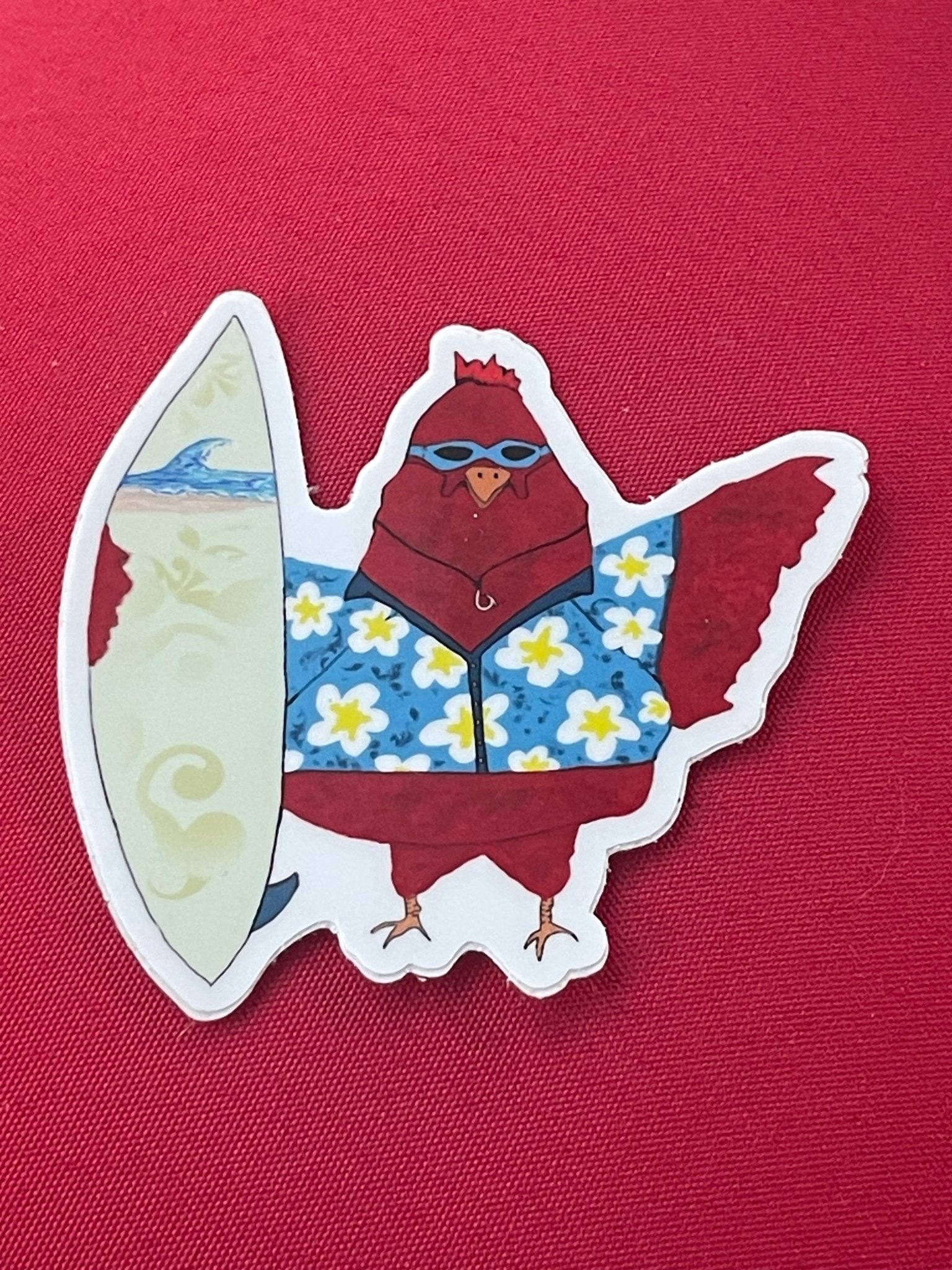 Rooster Surfer Die Cut Sticker - Surf’s Up Chicken Sticker – Hawaiian Shirt Rooster with Surfboard - Color Crumbs Club