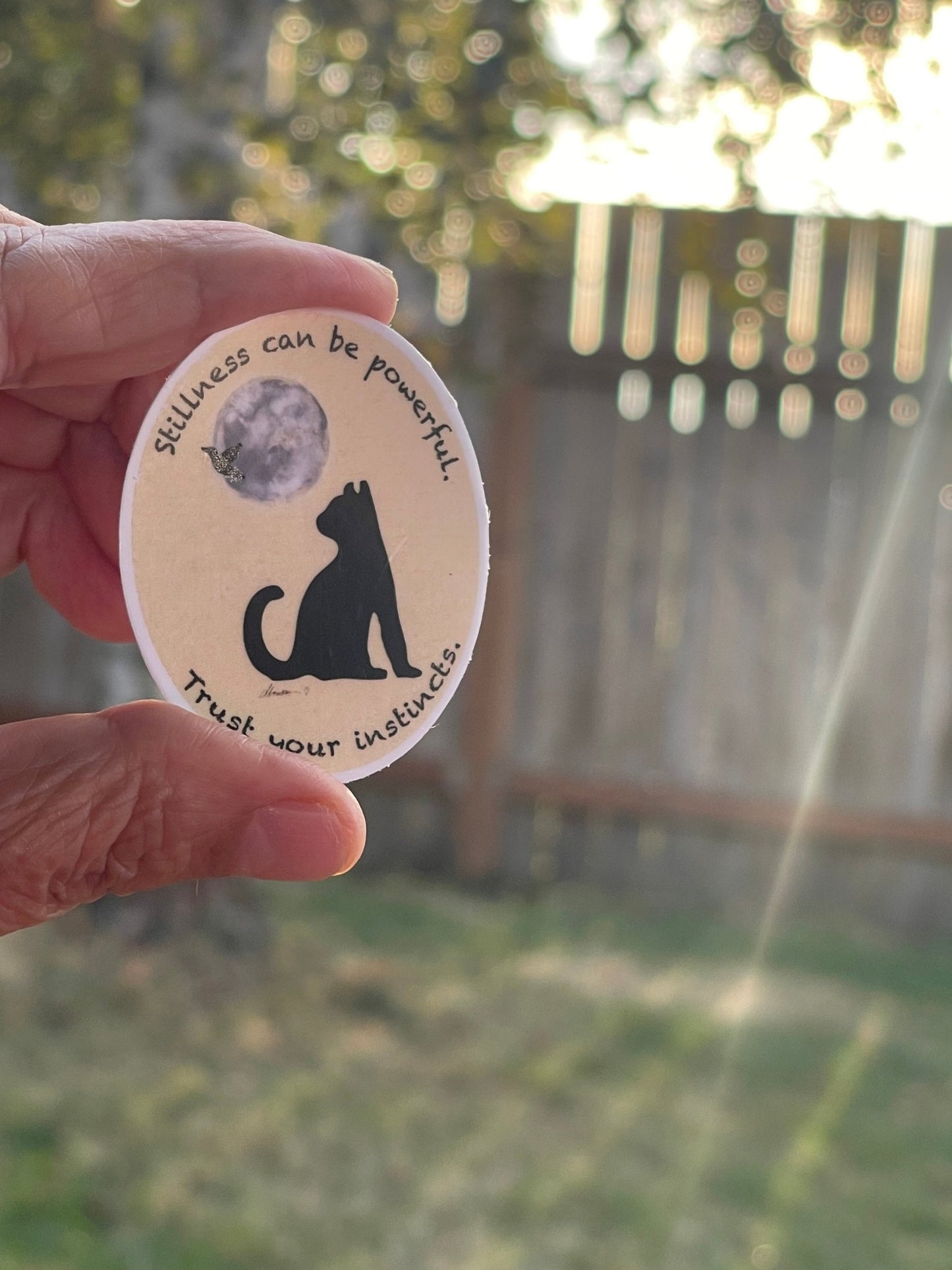 "Stillness can be powerful, trust your instincts" Cat Moon Vinyl Sticker - Intuition Quote Decal with Cat Silhouette & Bird - Color Crumbs Club