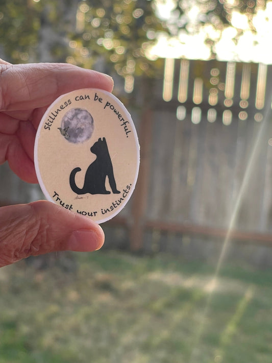 "Stillness can be powerful, trust your instincts" Cat Moon Vinyl Sticker - Intuition Quote Decal with Cat Silhouette & Bird - Color Crumbs Club