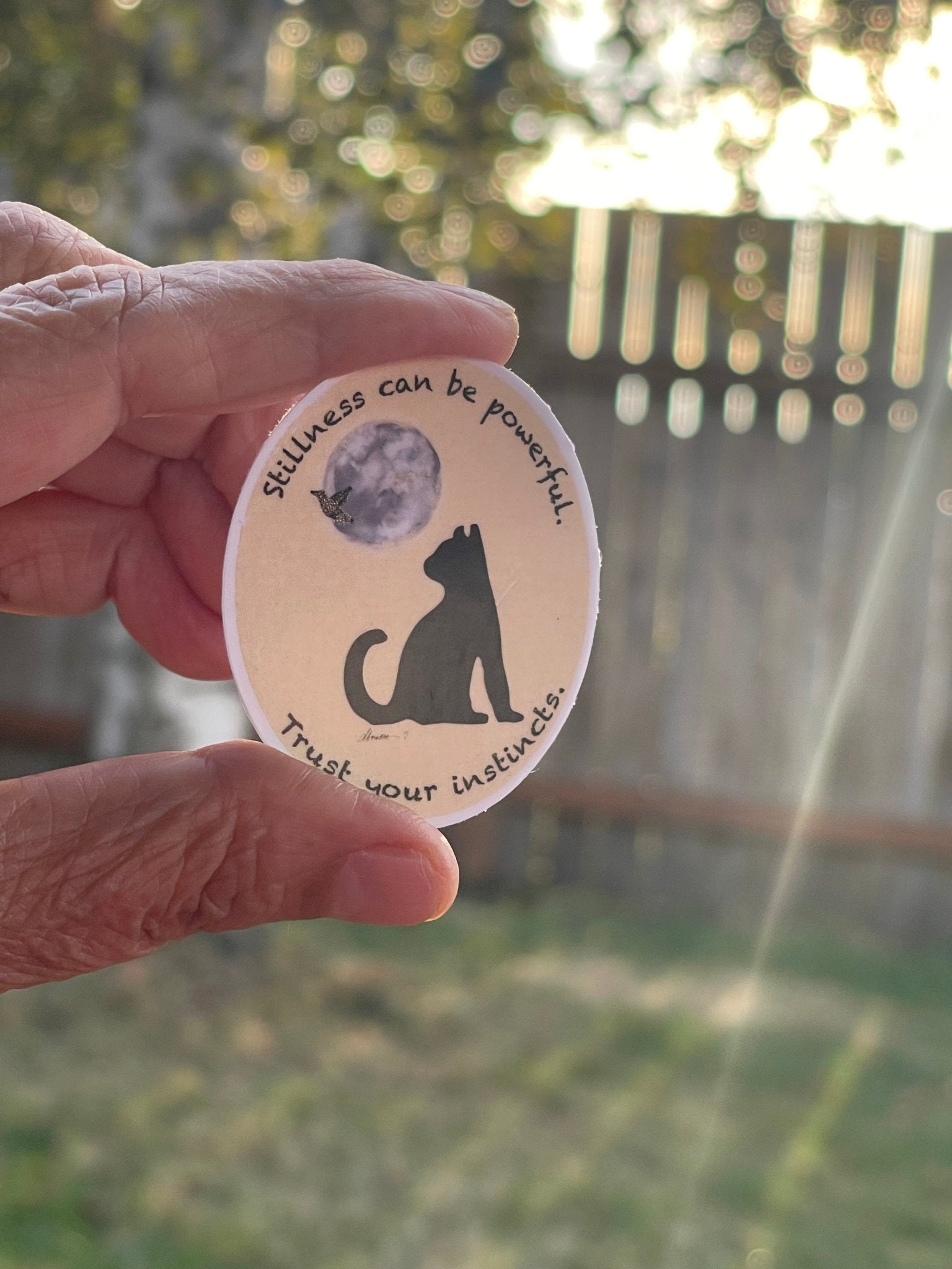 "Stillness can be powerful, trust your instincts" Cat Moon Vinyl Sticker - Intuition Quote Decal with Cat Silhouette & Bird - Color Crumbs Club