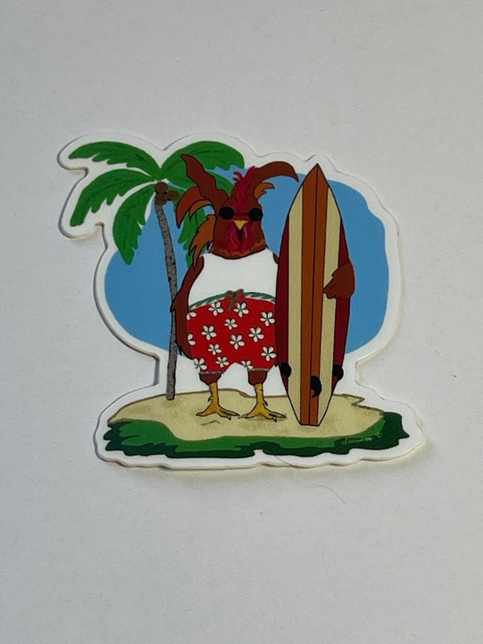 Surfer Rooster Sticker – Hawaiian Surfboard Vinyl Decal, Tropical Chicken Art, Funny Beach Animal Sticker - Color Crumbs Club