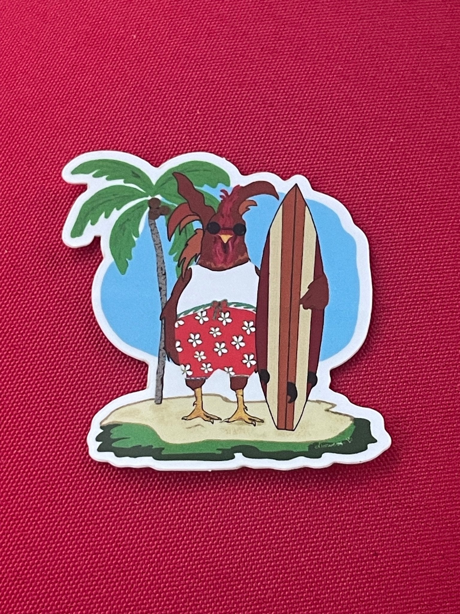 Surfer Rooster Sticker – Hawaiian Surfboard Vinyl Decal, Tropical Chicken Art, Funny Beach Animal Sticker - Color Crumbs Club