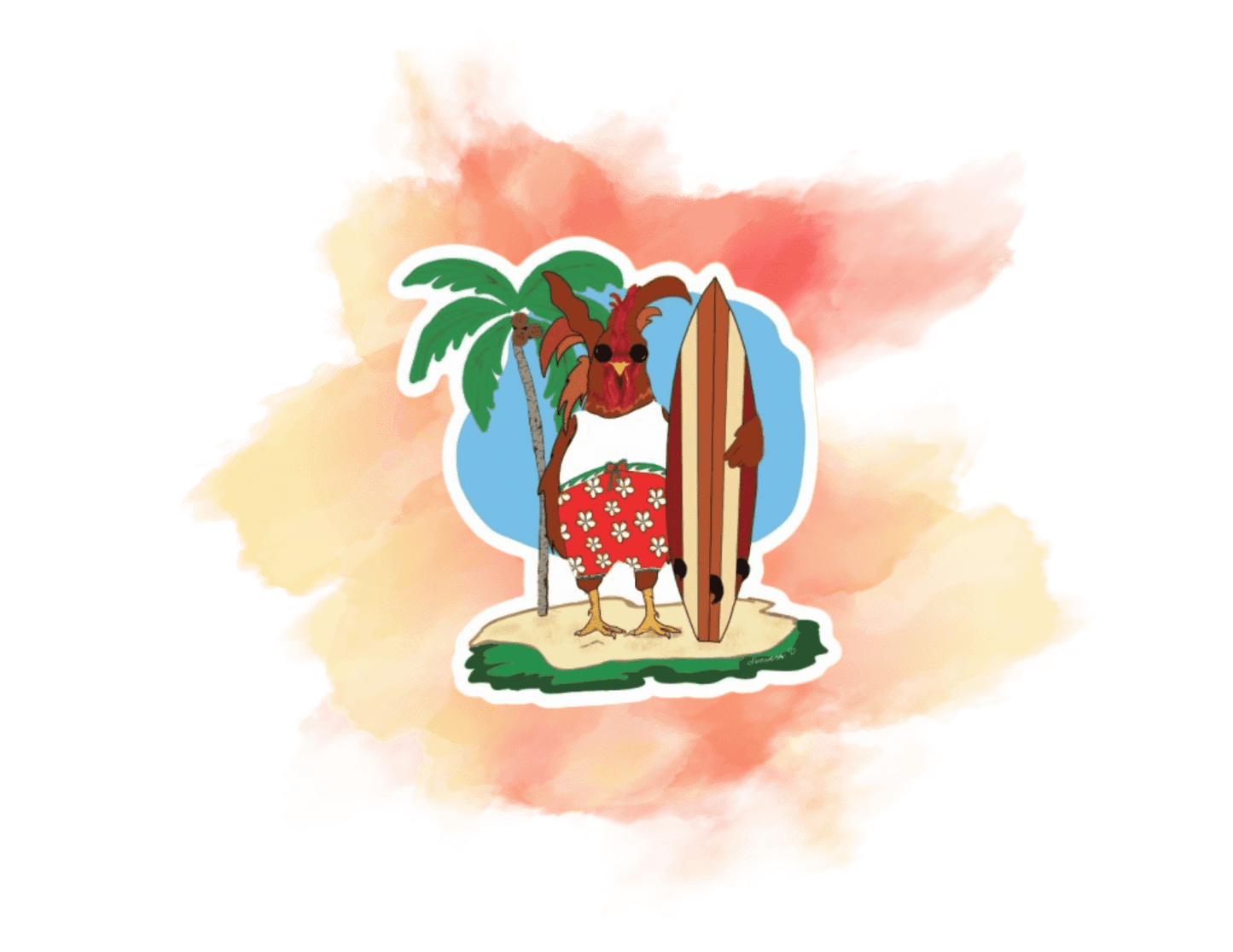 Surfer Rooster Sticker – Hawaiian Surfboard Vinyl Decal, Tropical Chicken Art, Funny Beach Animal Sticker - Color Crumbs Club