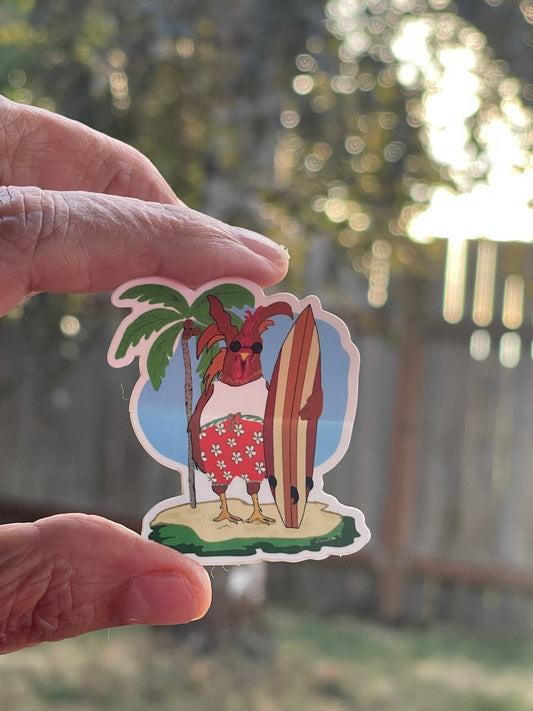 Surfer Rooster Sticker – Hawaiian Surfboard Vinyl Decal, Tropical Chicken Art, Funny Beach Animal Sticker - Color Crumbs Club