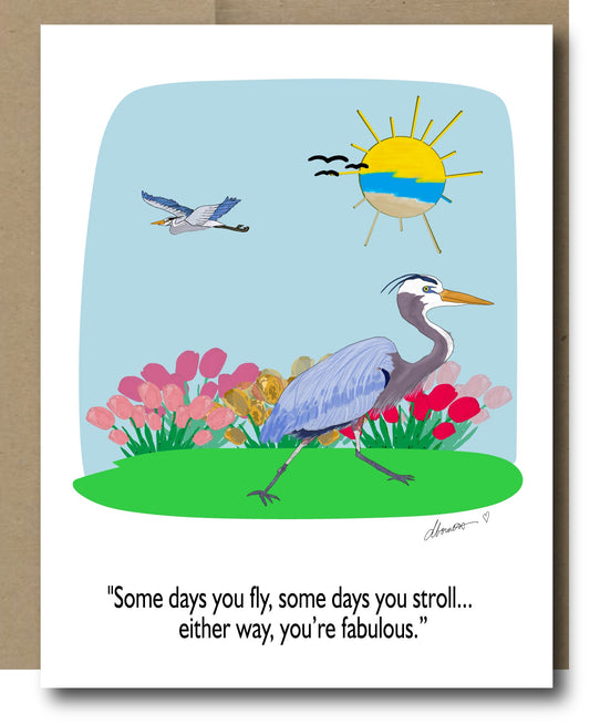 Time to Stroll with the Heron Greeting Card - Blank Note Card - Squirrellyartmama