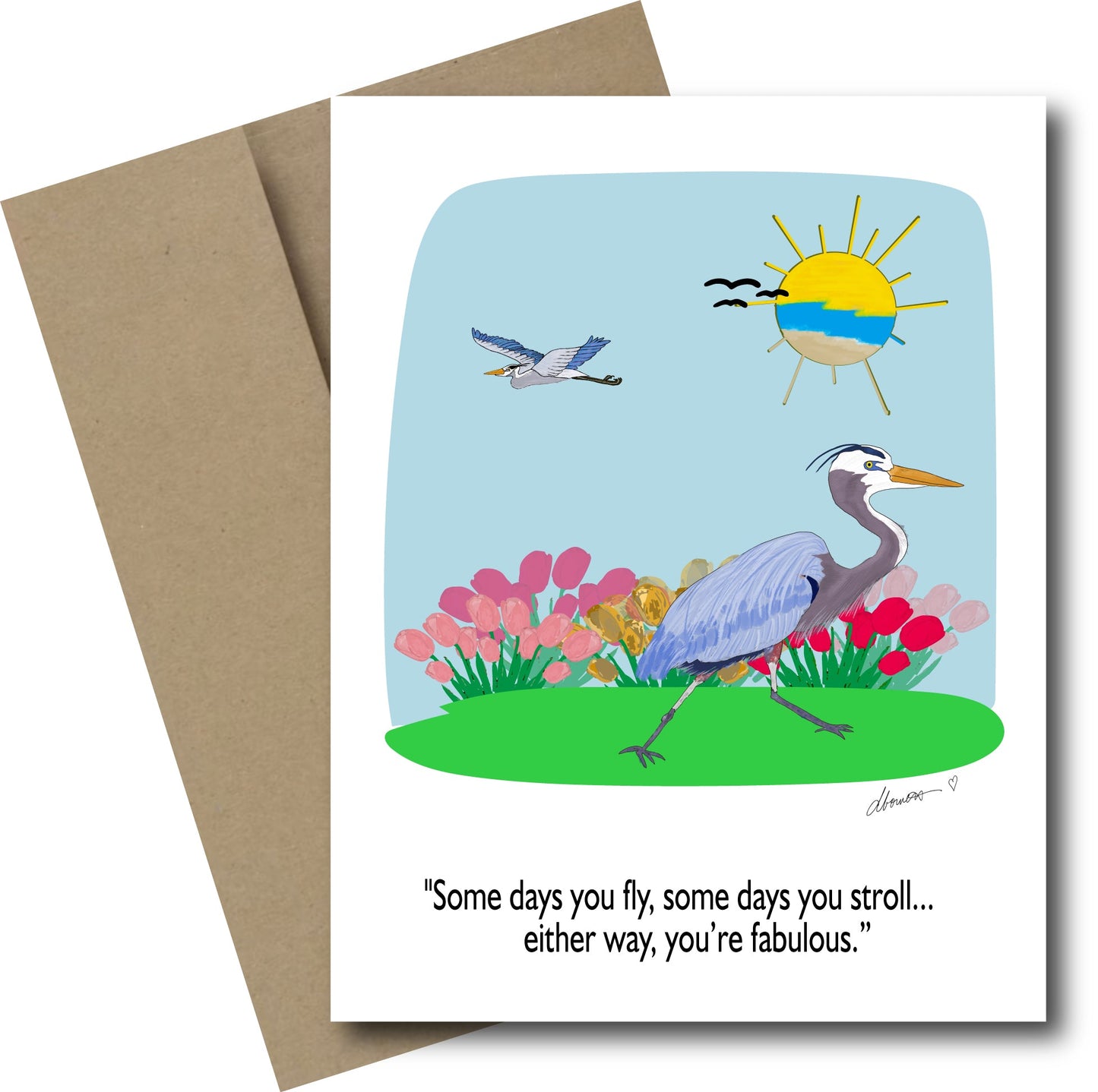 Time to Stroll with the Heron Greeting Card - Blank Note Card - Squirrellyartmama