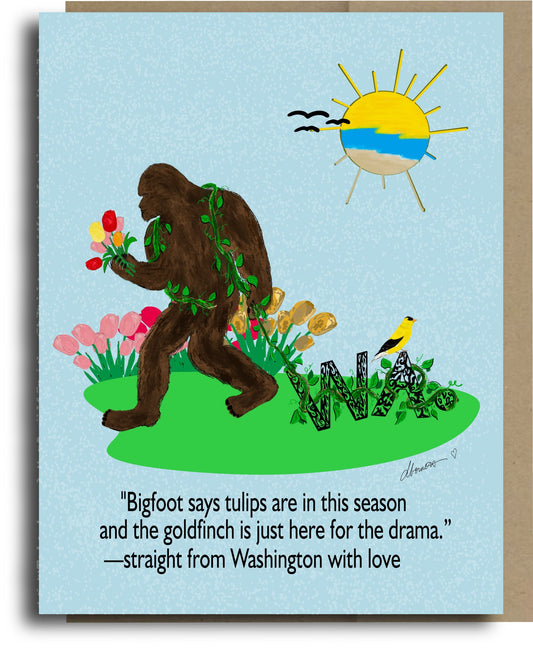 Tulips are blooming with Big Foot Blank Note Card - Squirrellyartmama
