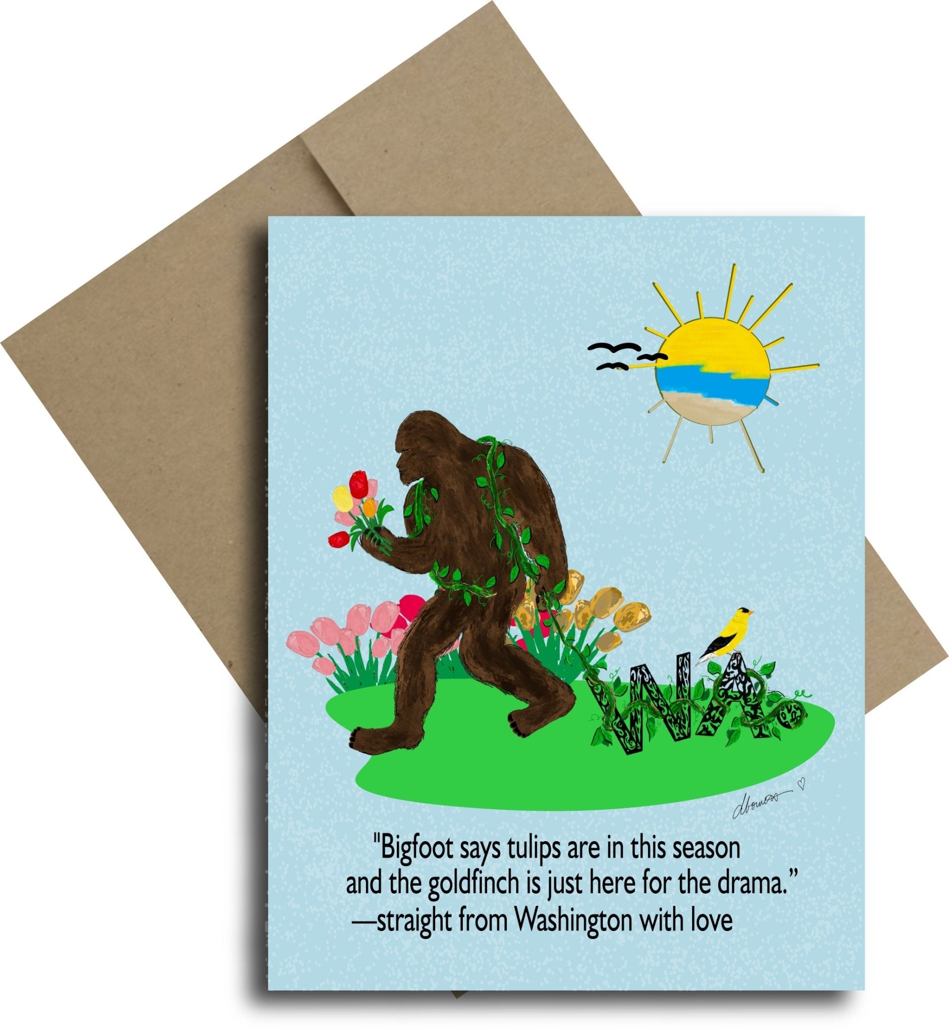 Tulips are blooming with Big Foot Blank Note Card - Squirrellyartmama