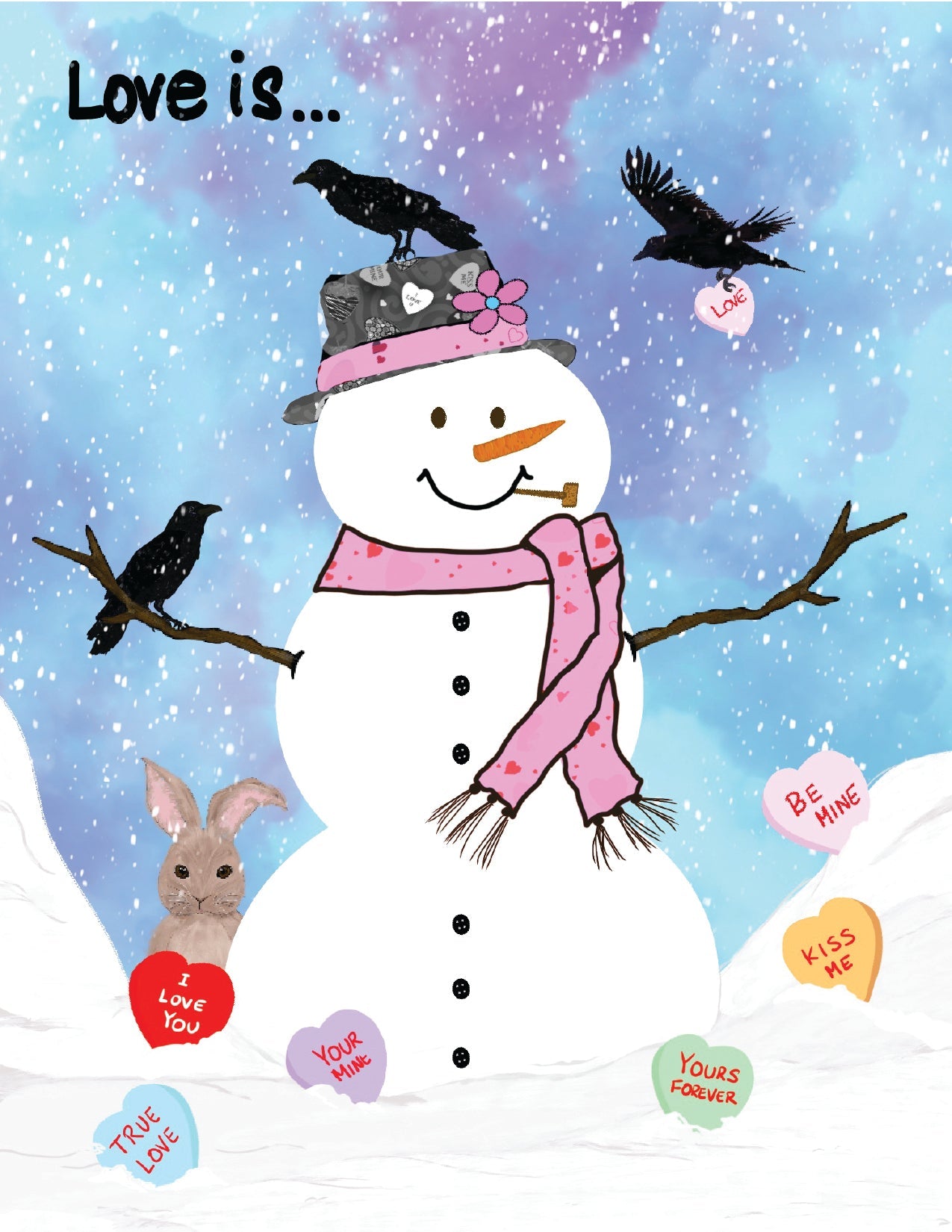 Valentines Card – Love is – Snowman and Crow Valentine Greeting Card - Color Crumbs Club