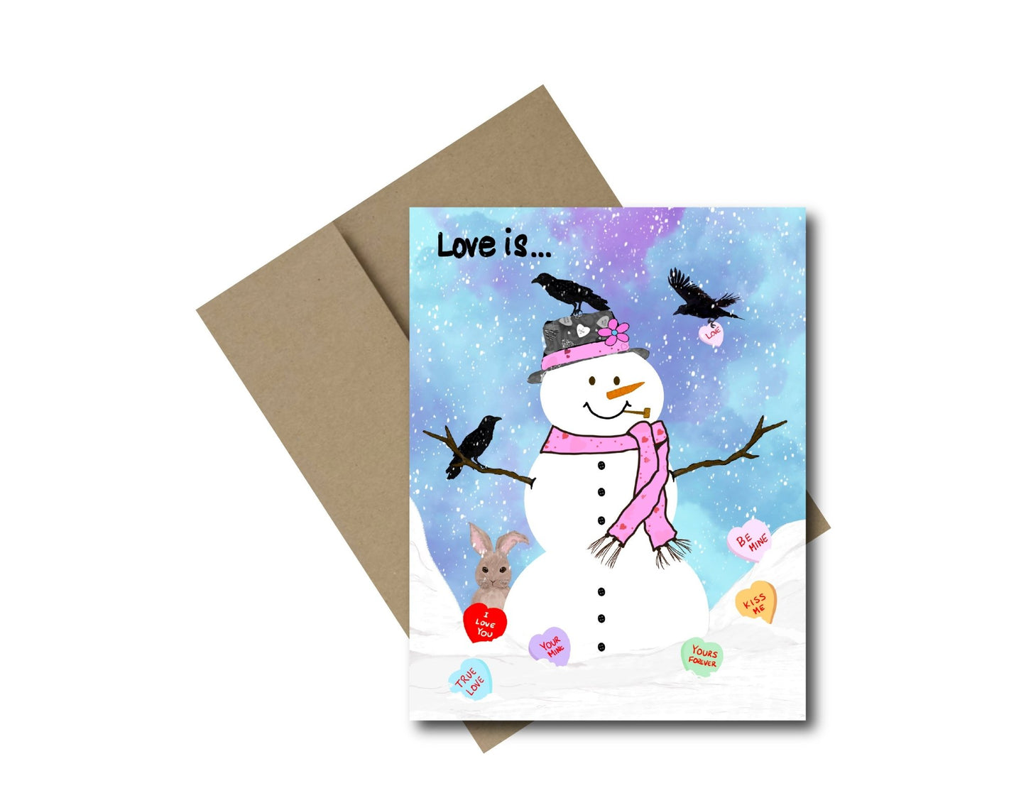 Valentines Card – Love is – Snowman and Crow Valentine Greeting Card - Color Crumbs Club