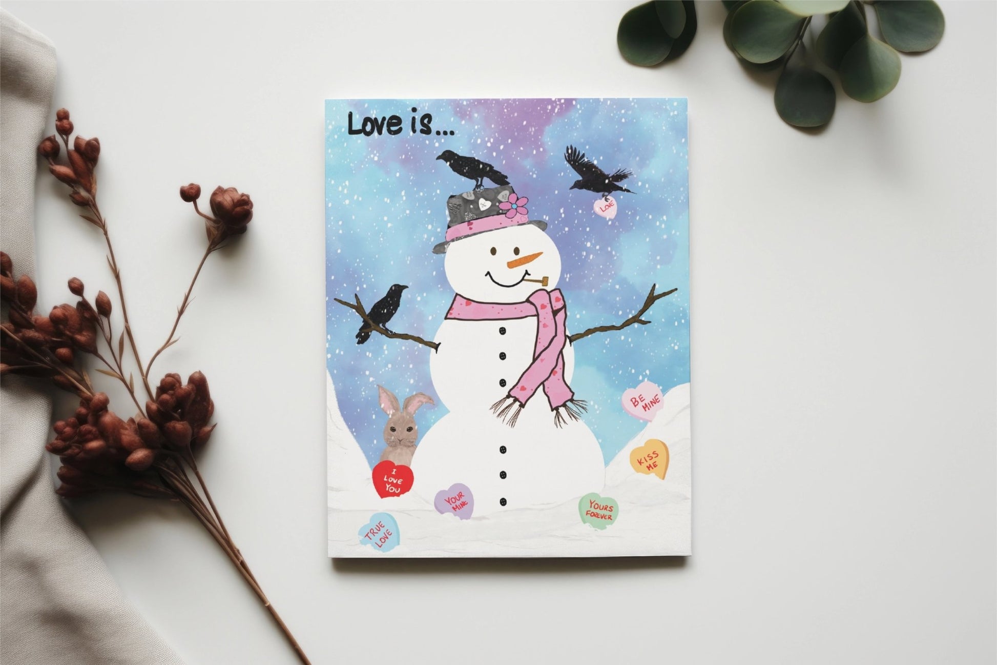 Valentines Card – Love is – Snowman and Crow Valentine Greeting Card - Color Crumbs Club