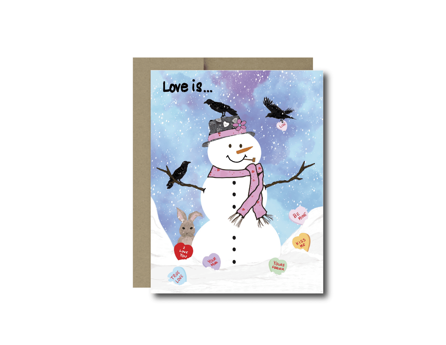 Valentines Card – Love is – Snowman and Crow Valentine Greeting Card - Color Crumbs Club