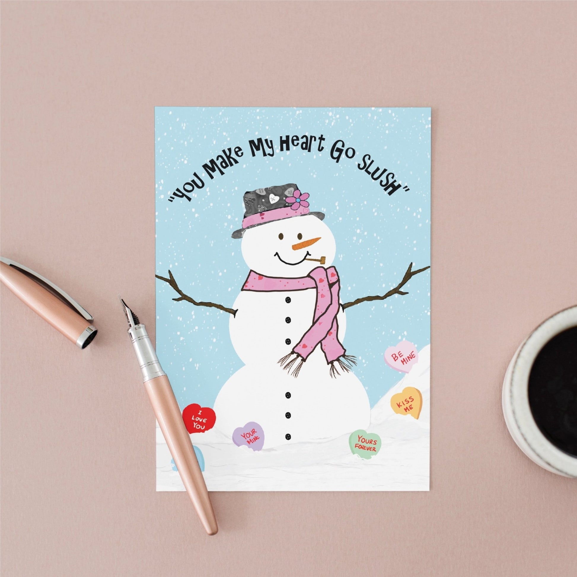 Valentines Card – You Make My Heart Go Slush – Snowman Valentine Greeting Card - Color Crumbs Club