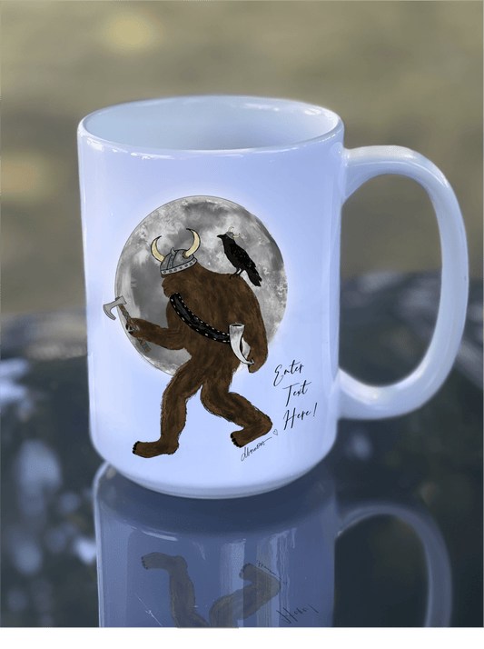Viking Bigfoot and Crow 15 oz Ceramic Mug – Full Moon Axe Adventure - Squirrellyartmama