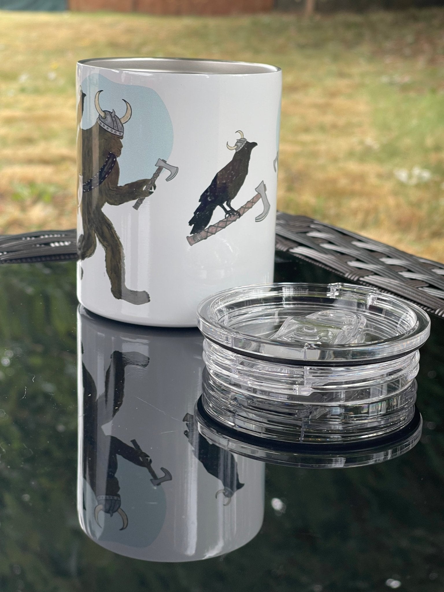 Viking Bigfoot Camp Mug – 12oz Aluminum Mug with Crow & Axe - Squirrellyartmama