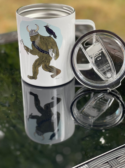 Viking Bigfoot Camp Mug – 12oz Aluminum Mug with Crow & Axe - Squirrellyartmama