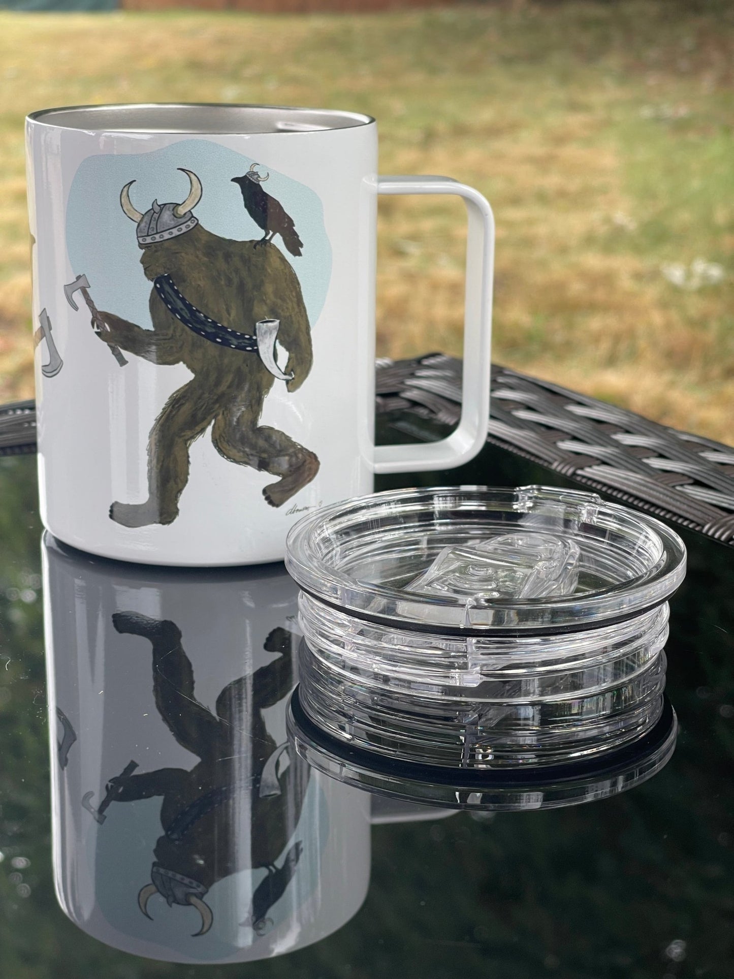 Viking Bigfoot Camp Mug – 12oz Aluminum Mug with Crow & Axe - Squirrellyartmama