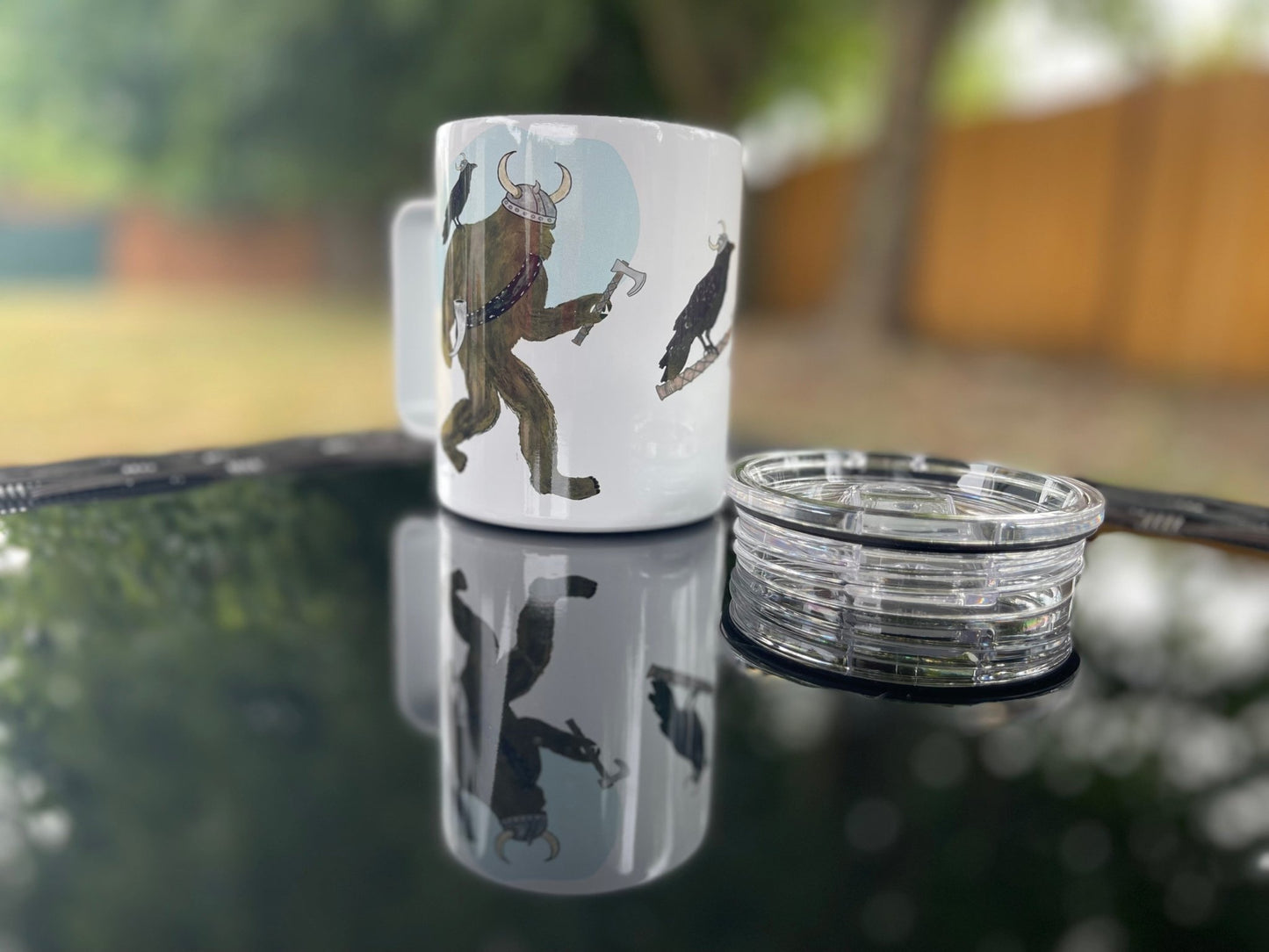 Viking Bigfoot Camp Mug – 12oz Aluminum Mug with Crow & Axe - Squirrellyartmama