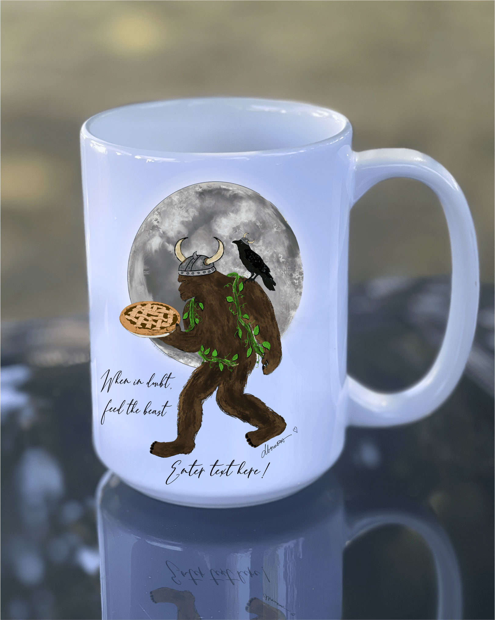 Viking Bigfoot Mug with Meat Pie and Crow – 15 oz Ceramic Full Moon Mug - Squirrellyartmama