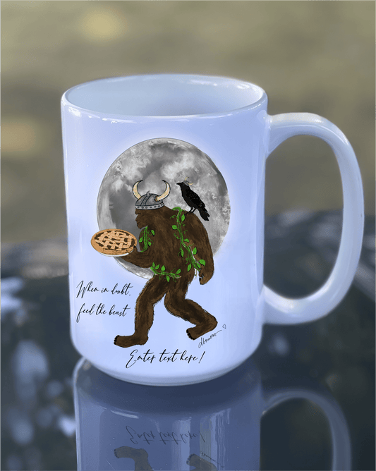 Viking Bigfoot Mug with Meat Pie and Crow – 15 oz Ceramic Full Moon Mug - Squirrellyartmama