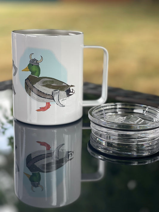 Viking Mallard Duck Camp Mug – 12 oz Aluminum Camping Mug with Splash - Proof Lid - Squirrellyartmama