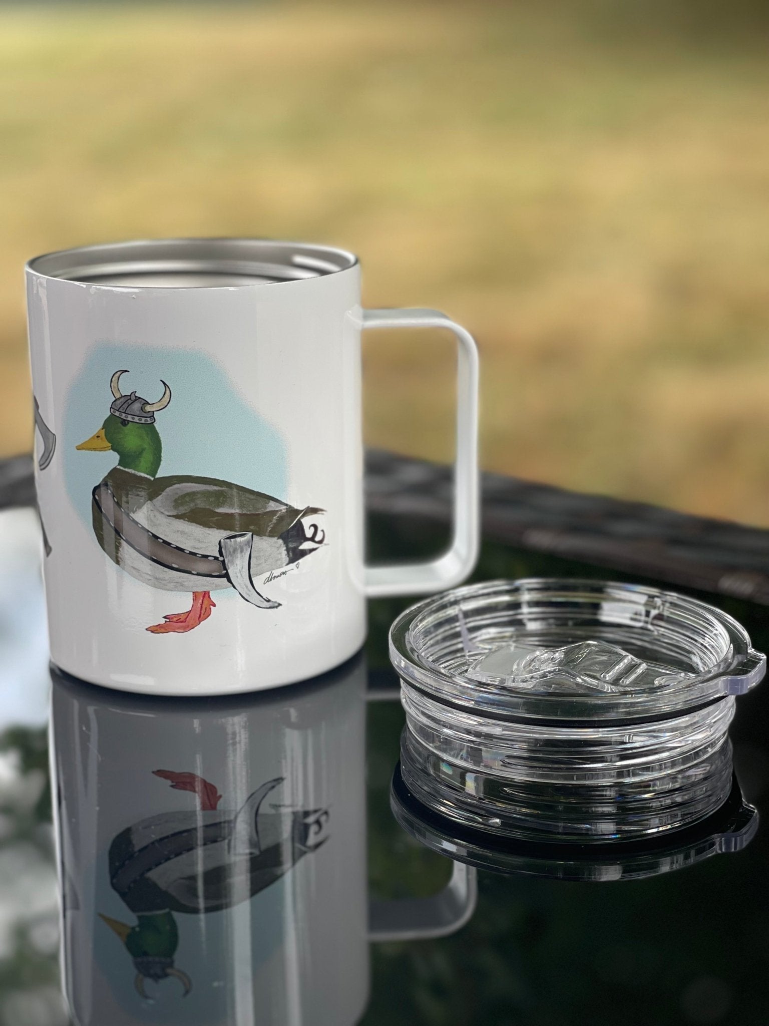 Viking Mallard Duck Camp Mug – 12 oz Aluminum Camping Mug with Splash - Proof Lid - Squirrellyartmama