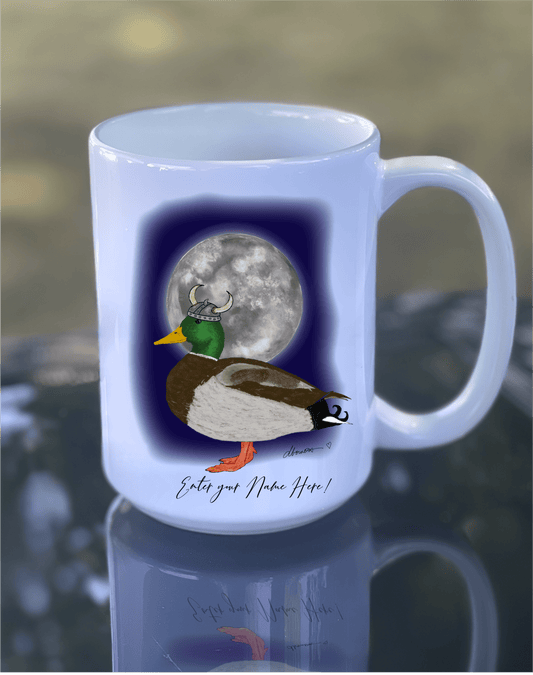 Viking Mallard Full Moon Coffee Mug – 15 oz Ceramic Duck Mug with Nordic Flair - Squirrellyartmama