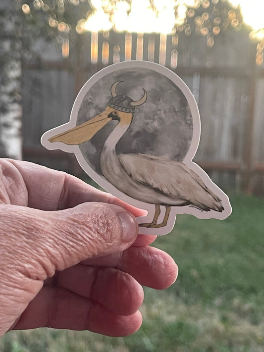 Viking Pelican Full Moon Sticker – Whimsical Bird Vinyl Decal, Nordic Fantasy Animal Art - Color Crumbs Club