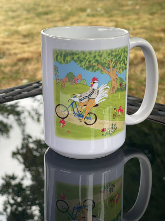 Whimsical Rooster Park Mug – 15oz Coffee Cup with Biking Rooster & Squirrels - Squirrellyartmama
