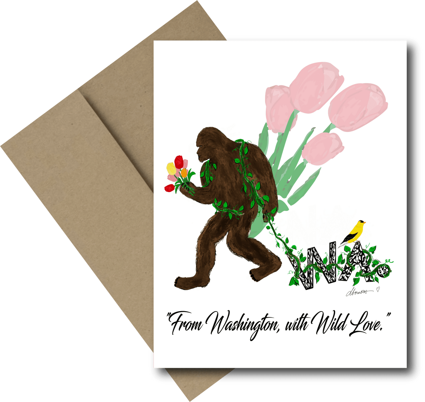 Wild Love Greeting Card - Big Foot and Tulips Blank Note Card - Squirrellyartmama