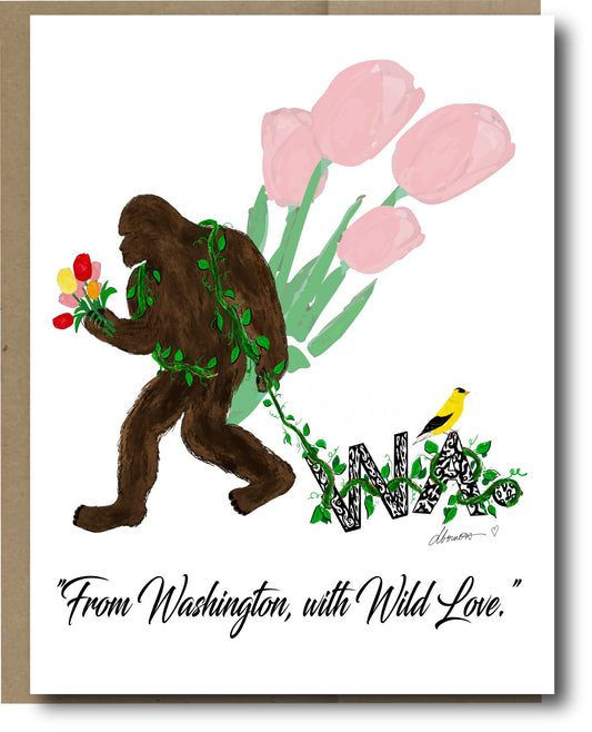Wild Love Greeting Card - Big Foot and Tulips Blank Note Card - Squirrellyartmama