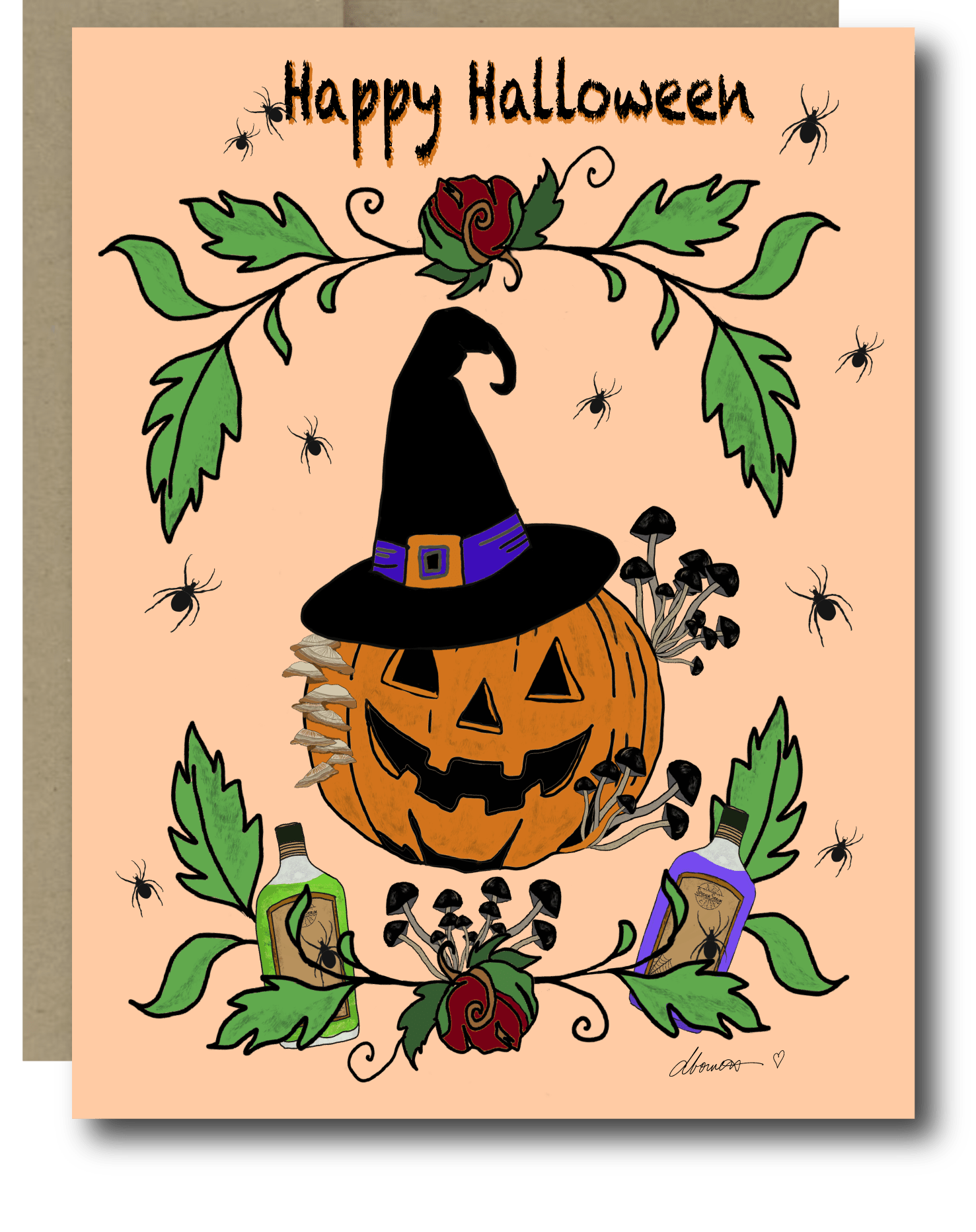 Witchy Elixir Halloween Card – A2 Halloween Greeting Card with Pumpkin, Spiders, Mushrooms, and Potion Bottles – Spooky Cute Card - Squirrellyartmama