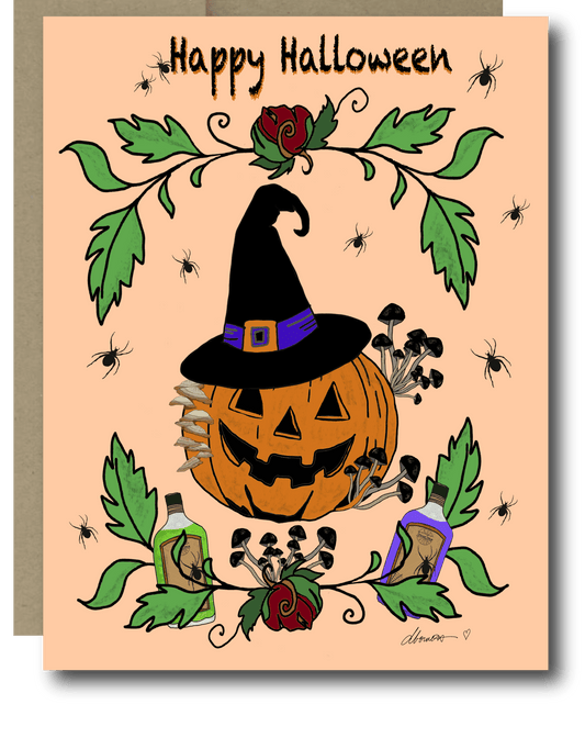 Witchy Elixir Halloween Card – A2 Halloween Greeting Card with Pumpkin, Spiders, Mushrooms, and Potion Bottles – Spooky Cute Card - Squirrellyartmama