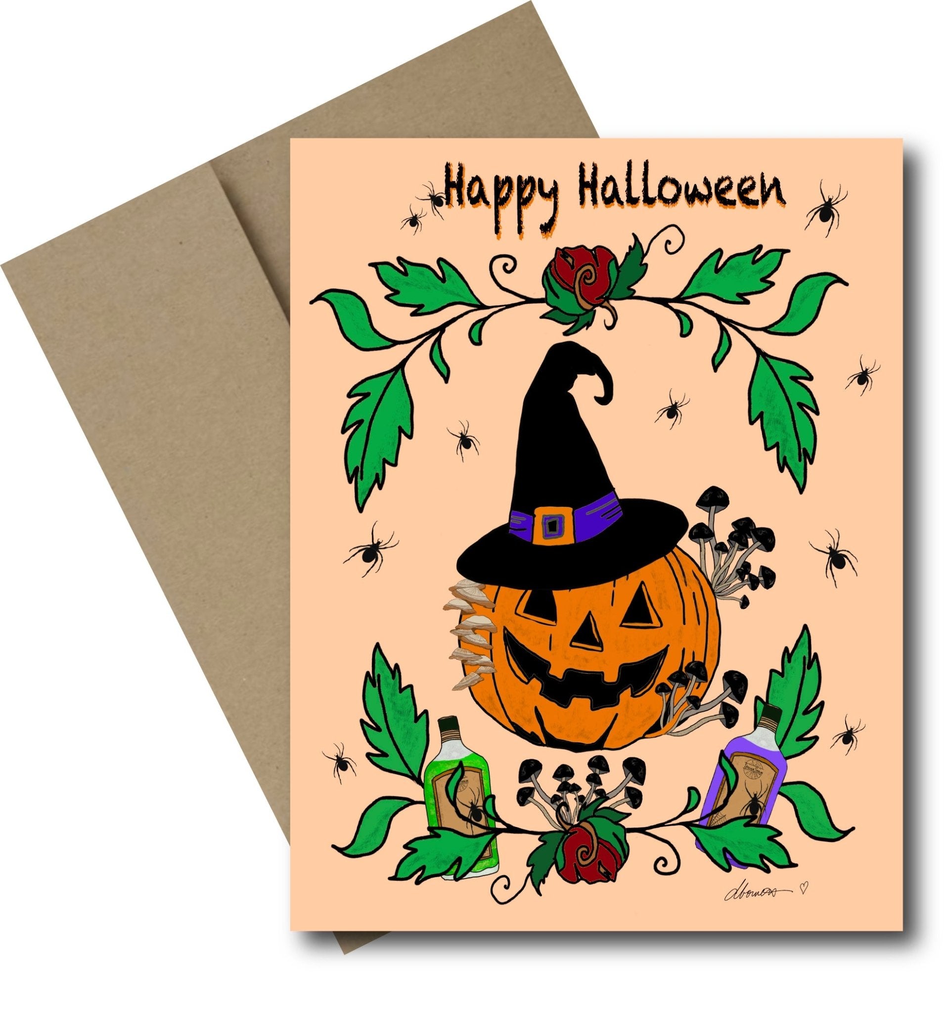 Witchy Elixir Halloween Card – A2 Halloween Greeting Card with Pumpkin, Spiders, Mushrooms, and Potion Bottles – Spooky Cute Card - Squirrellyartmama
