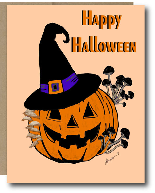 Witchy Pumpkin Halloween Card – A2 Greeting Card with Jack - O' - Lantern, Witch Hat, and Mushrooms – Spooky Cute Fall Card– Blank Inside Greeting Card (Copy) - Squirrellyartmama