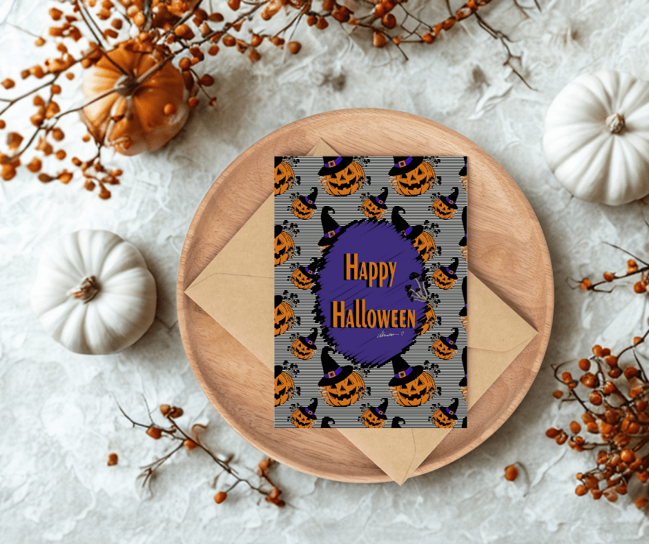 Witchy Pumpkin Halloween Card – Happy Halloween Greeting Card with Jack - O' - Lanterns, Witch Hats, and Spooky Purple Design - WITCHSHROOMKIN– Blank Inside Greeting Card - Squirrellyartmama