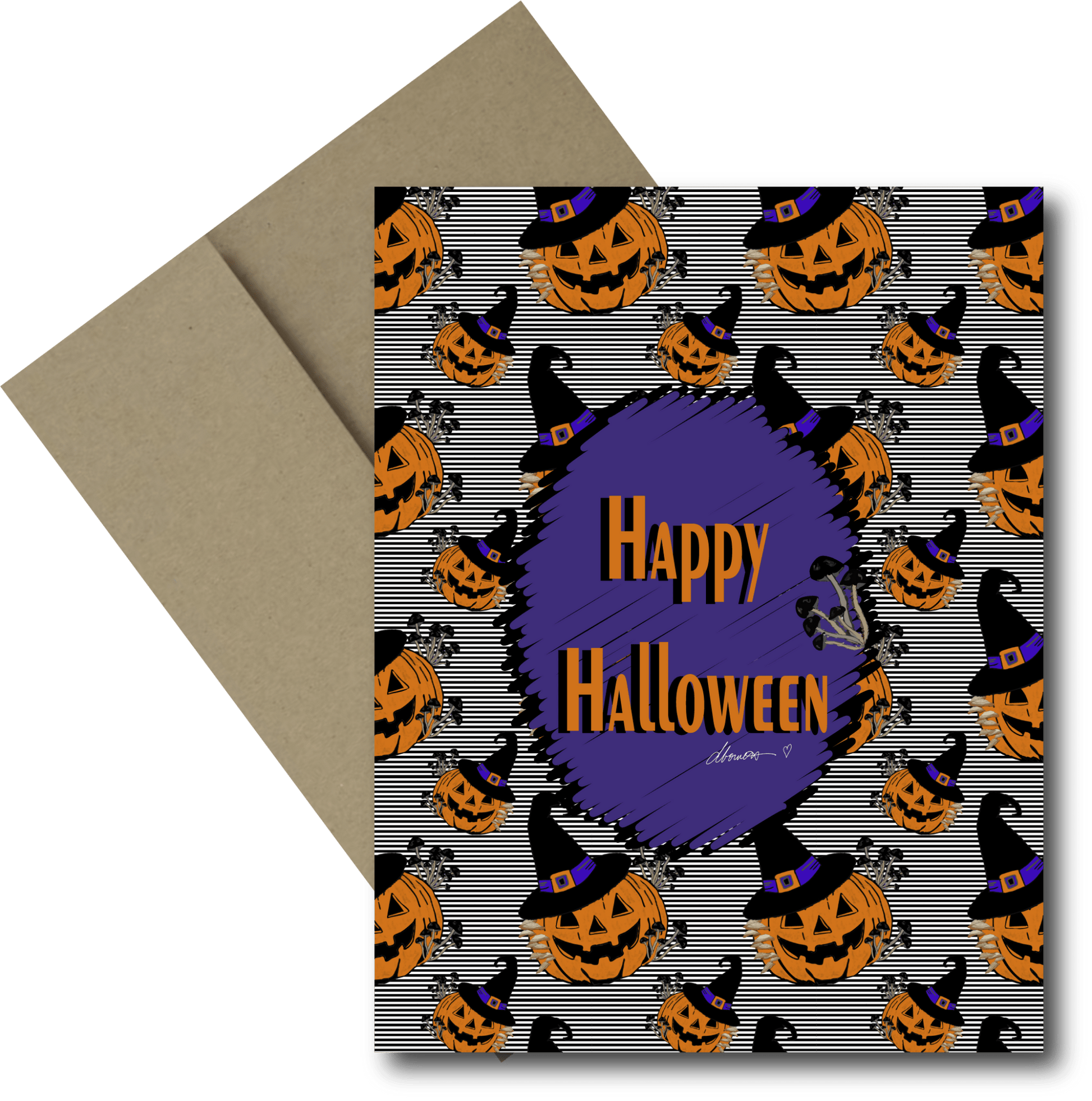Witchy Pumpkin Halloween Card – Happy Halloween Greeting Card with Jack - O' - Lanterns, Witch Hats, and Spooky Purple Design - WITCHSHROOMKIN– Blank Inside Greeting Card - Squirrellyartmama