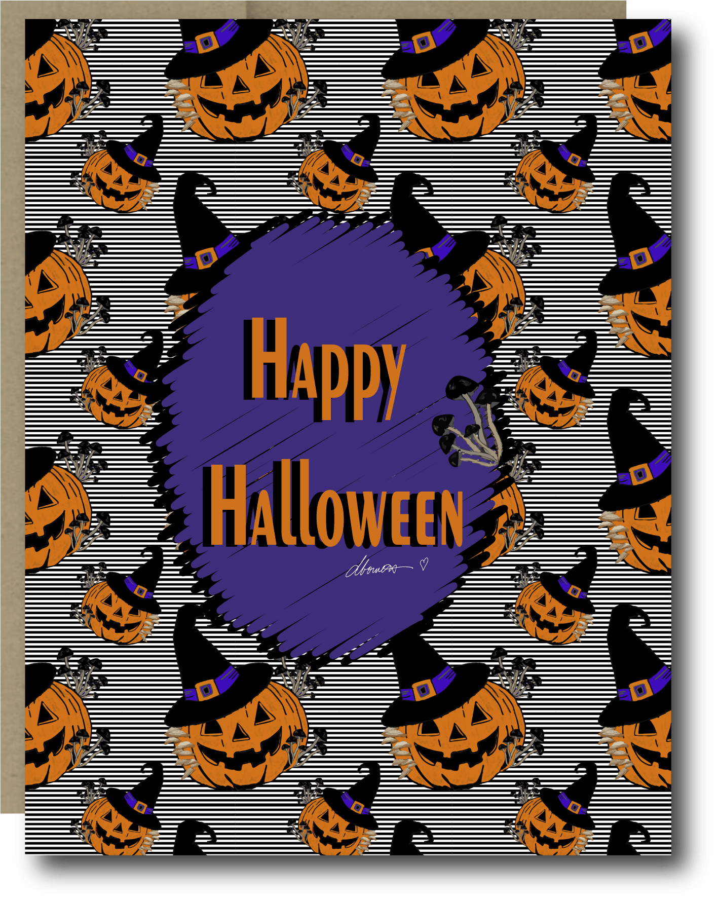 Witchy Pumpkin Halloween Card – Happy Halloween Greeting Card with Jack - O' - Lanterns, Witch Hats, and Spooky Purple Design - WITCHSHROOMKIN– Blank Inside Greeting Card - Squirrellyartmama