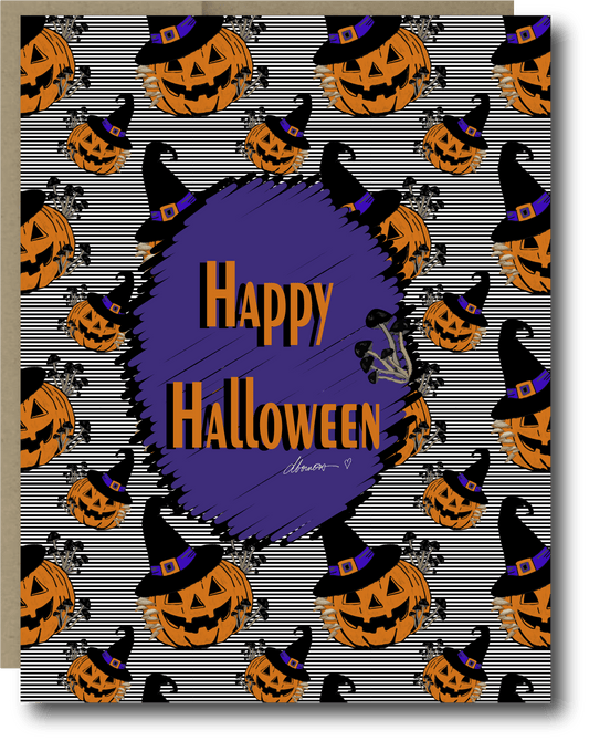 Witchy Pumpkin Halloween Card – Happy Halloween Greeting Card with Jack - O' - Lanterns, Witch Hats, and Spooky Purple Design - WITCHSHROOMKIN– Blank Inside Greeting Card - Squirrellyartmama